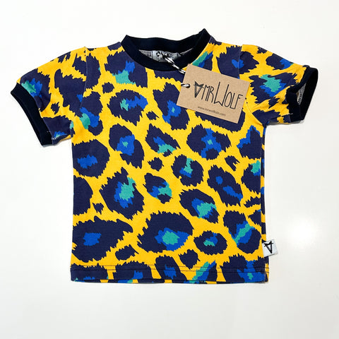 Blue and yellow leopard print short sleeve T-shirt